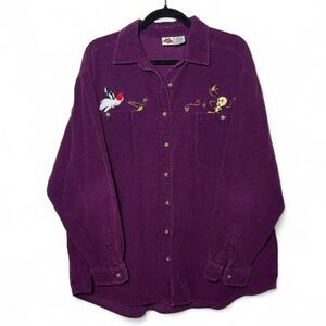 Vintage Looney Tunes Purple Corduroy Tweety Button Up Shirt XL Embroidered